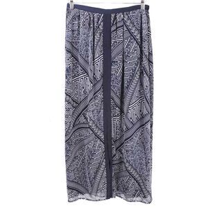 ADRIANNA PAPELL Navy Blue & White Ikat Pattern Front Slit Chiffon Maxi Skirt NWT